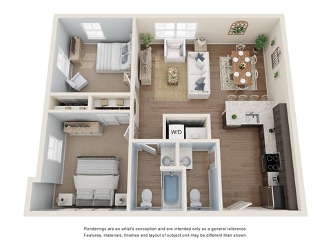 Floor plan for 2 beds, 1.5 baths, 879 sqft